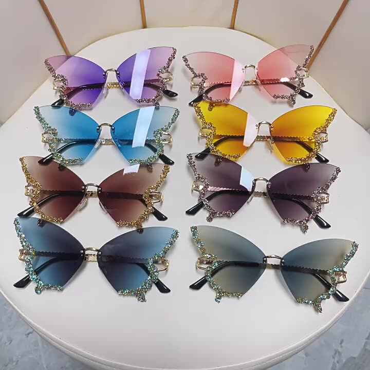 2024 Luxury Diamond Butterfly Sunglasses Women Brand Y2k Vintage Rimless  Oversized Sun Glasses Ladies Eyewear Gafas De Sol