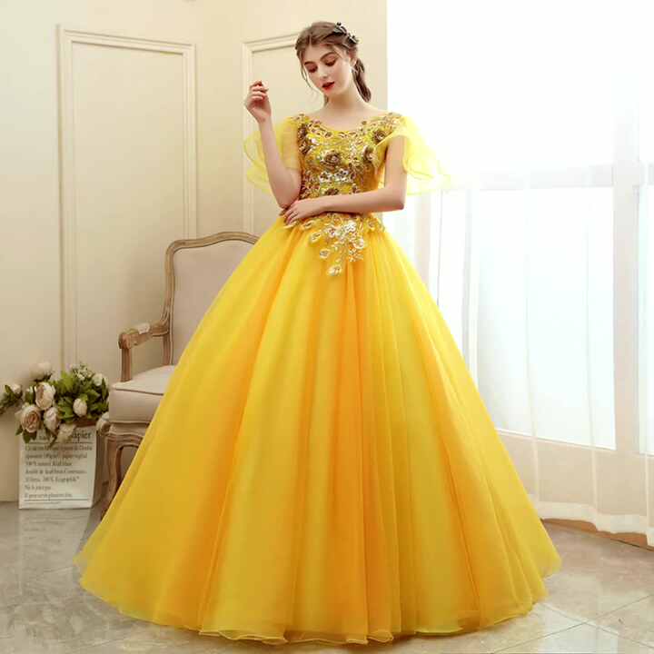 Feishiluo Women's Ball Gown Yellow Floor-Length Wedding Party and Prom Dress with Lace and Appliques Decoration Feishiluo Women's Ball Gown Yellow Floor-Length Wedding Party and Prom Dress with Lace and Appliques Decoration