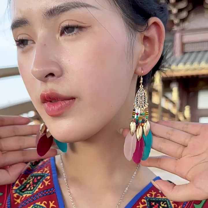 Bohemian Ethnic Long Feather Earrings Boho Water Drop Gold Color