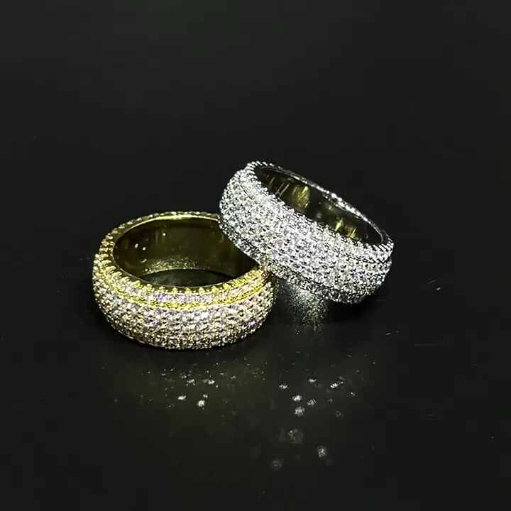 MoCa Iced Out Ring - 5 Row Full CZ Diamond Look 18K Gold Plated Ring For Men & Women (Silver, Size 7)