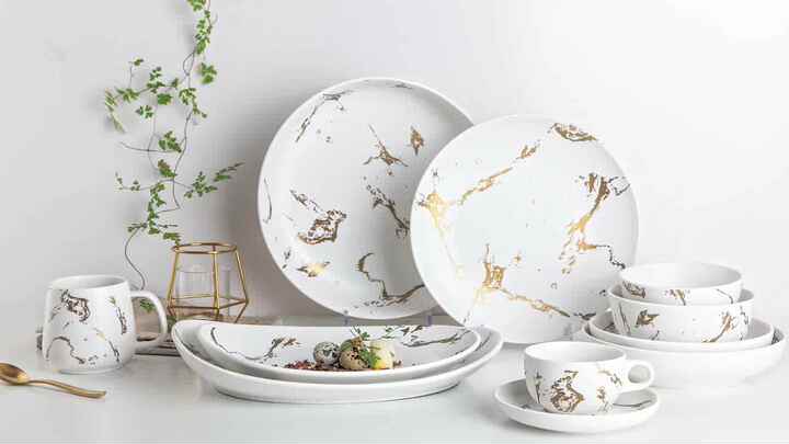 Nordic Style Luxury New Golden Marble Boutique Porcelain Hotel Tableware  Set Ceramic Bowl and Plate Dinnerware Sets