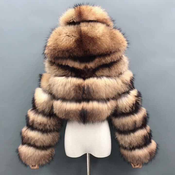 janefur winter real raccoon fur coat short style hooded real