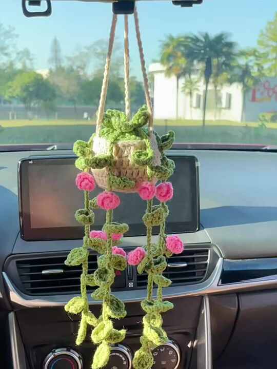Daisy Handmade Crochet Car Ornament with Cute Flower Potted Boho Basket  Knitted View Mirror Woven Rearview Hanging Charm