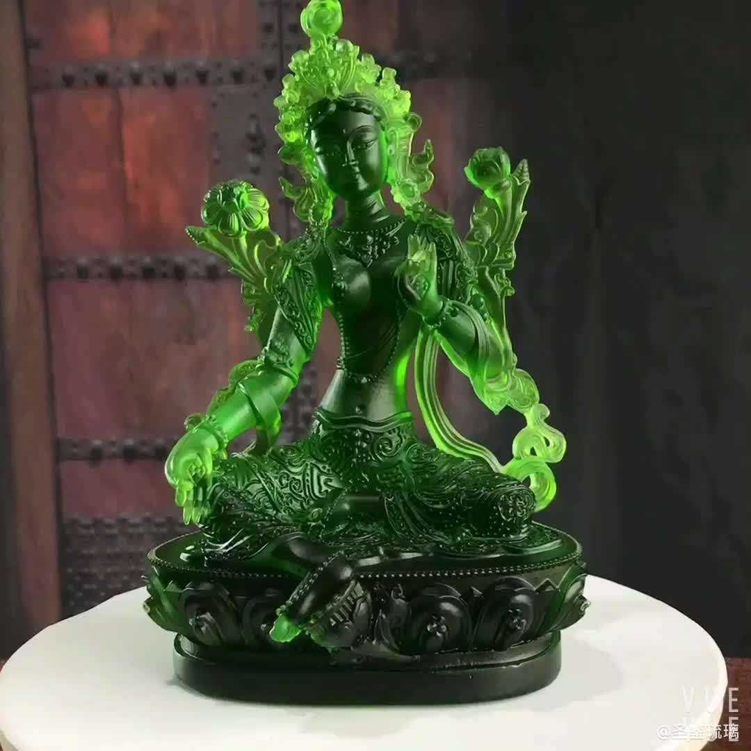 Factory Wholesale Liuli Jade Buddha Statue Green Tara  Five Size H12cm