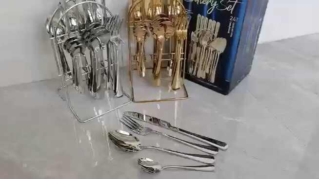 Kotak Hadiah Menggantung Sendok Garpu Stainless Steel Sendok Garpu Pisau  Sendok Garpu Set 24 Buah dengan Rak Logam Berdiri