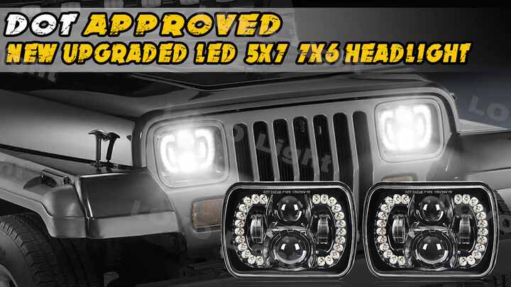 85W 7x6" Square LED Headlight With Halo DRL For Jeep Cherokee XJ, YJ | Hi/Lo Beam, DOT/SAE Certified