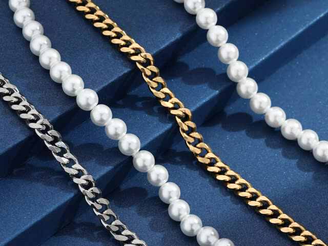 Men's Half Pearl Half Chain Necklace - 18K Gold Stainless Steel