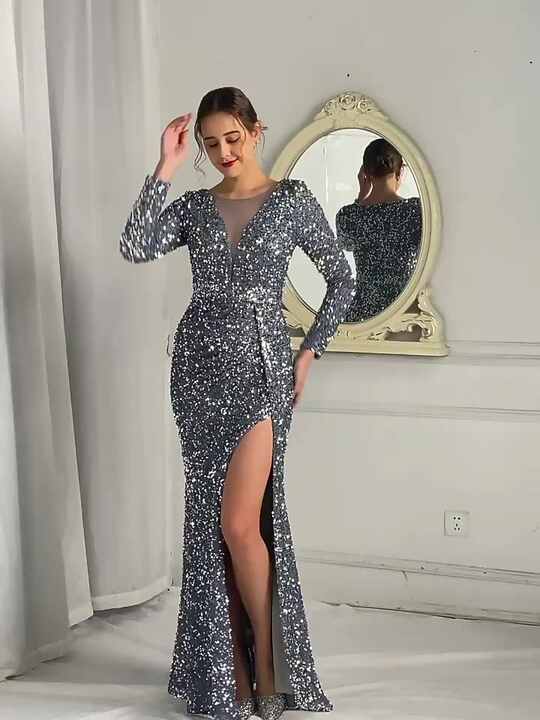 Women Luxury Elegant Long Sleeve Sequin Mermaid Evening Dress Party Prom  Dresses V-neck Evening Gown