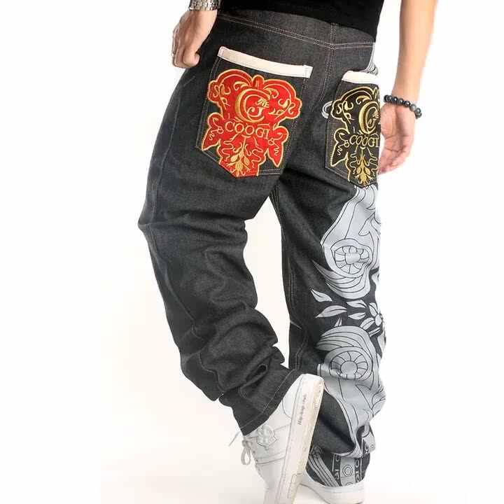 Jeans pria gambar grafis besar dan tinggi, Jeans Pria longgar desainer Hip  Hop pelembut lurus rajutan bordir longgar