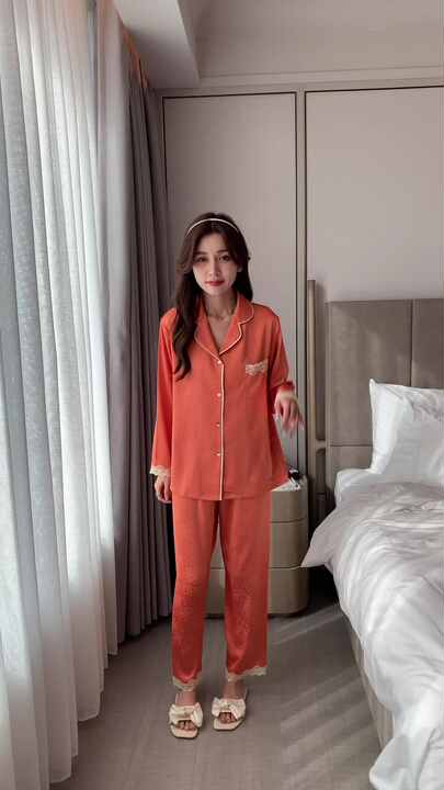 Fashion Ladies Long Sleeve Pyjama Set Ice Silk Thin Summer Women's  Sleepwear Lace Jacquard Elegant Solid Color Pajamas