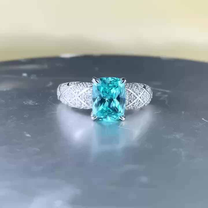 S925 Silver Ring Palaiba 7 * 9mm Fat Square Dream Catcher Zircon
