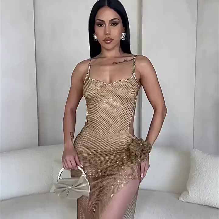Fashion 2024 Factory New Mesh See-through Dress Women's Solid Color  Irregular Halter Long Dresses for Women