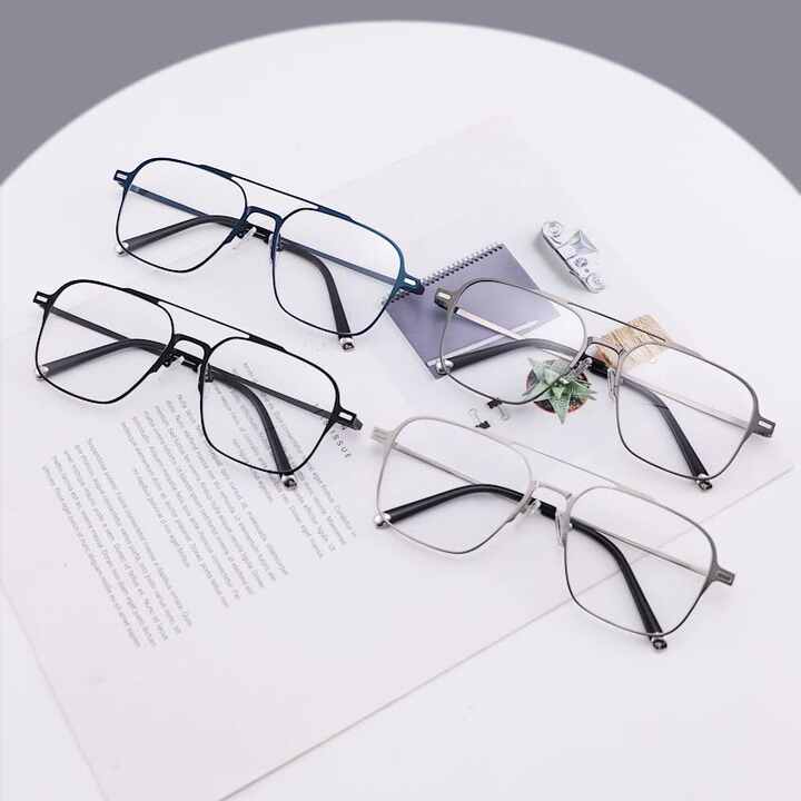 2023 Square Double Bridge Eyeglasses Frame with Magnetic Clip-On