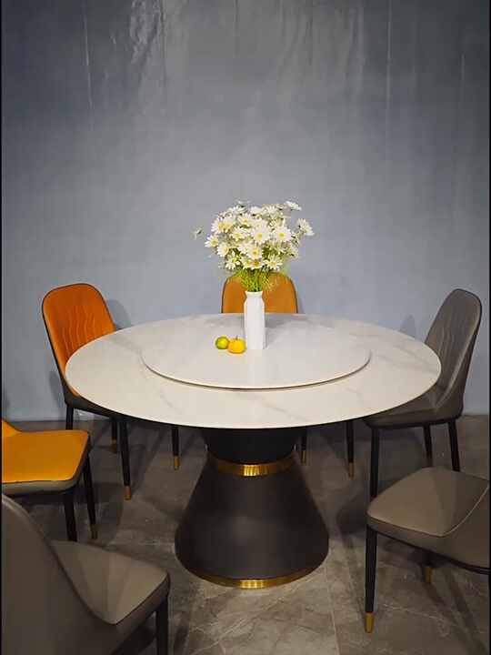 Round Stone Top Dining Table Gold Base Dining Table for Kitchen Marble  Tabletop Dining Table with Lazy Susan