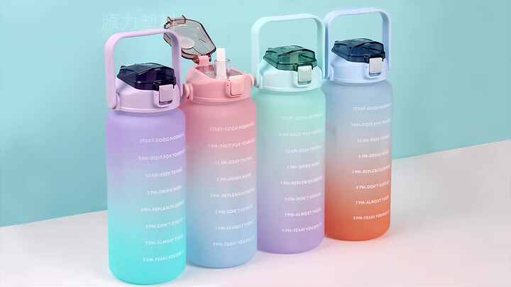 2000ml Sports Water Bottle With Straw & Time Marker - Leak Proof, Gradient Color, With Phone Holder Handle - View #12