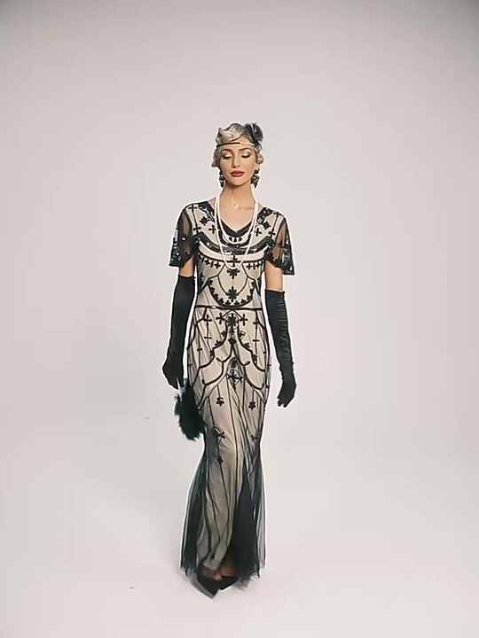 Ecowalson Women 1920s Great Gatsby Dress Long 20s Flapper Dress Vintage V  Neck Sequins Beads Maxi Party Dress Mesh Prom Gown