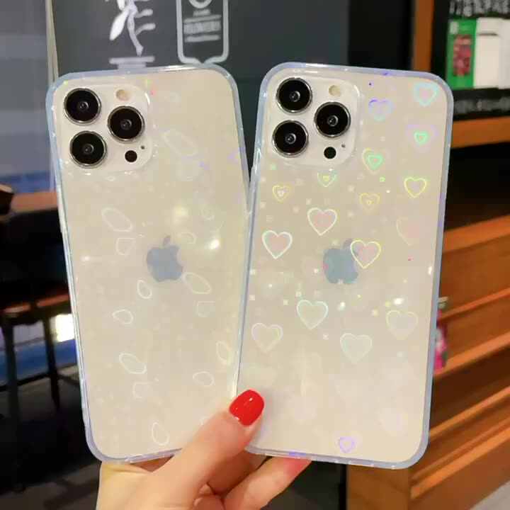 2022 Glitter Bling Clear Laser Love Holographic Heart Phone Case for iPhone  11 12 13 Pro Max X XS XR Plus