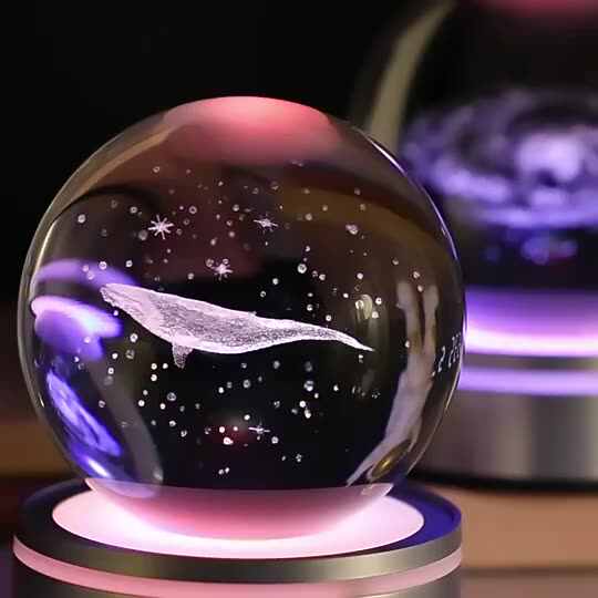 Luce Notturna Sfera Di Cristallo 3D Sistema Solare Con Base In Legno Touch - Lampada LED 8 Cm A Colori Variabili Per Regalo