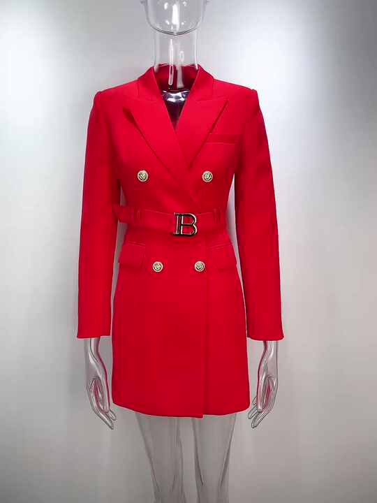 Quality Women Red Blazer Dress With Belt Double Breasted Buttons Chic for  Party