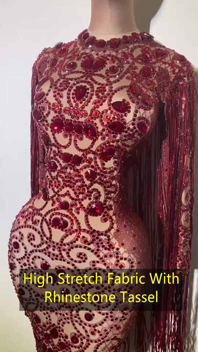 Elegant Red Long Sleeve Rhinestone Evening Gown for Women  Perfect Stage  Costume for Parties & Events