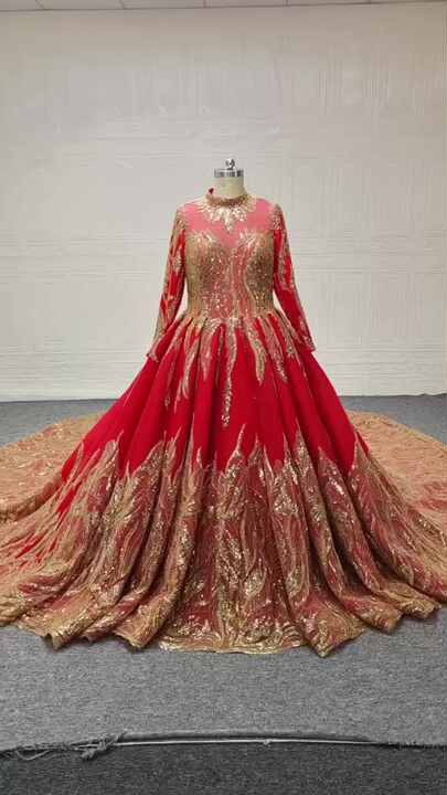 QUEENSGOWN Gorgeous Red Ball Gown Heavy Handbeaded With Delicate Gold  Sequins High Neck Long Sleeves Wedding Dress Illusion Back