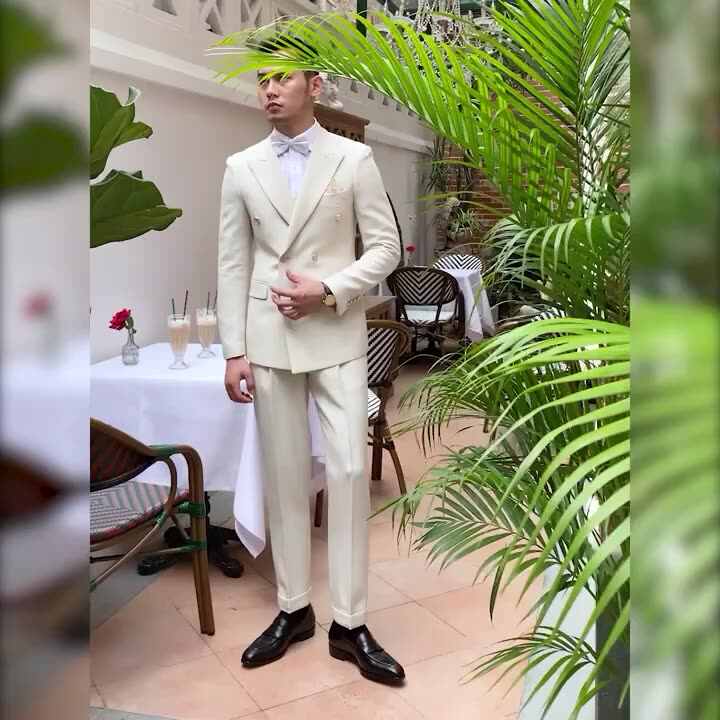 Costume à double boutonnage abricot pour homme, tenue de banquet