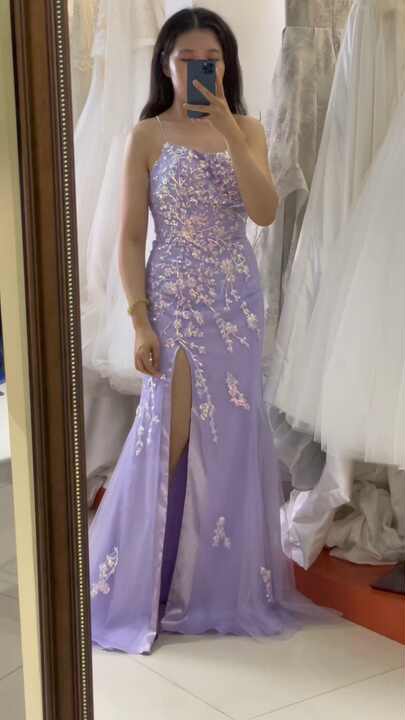 Lilac Mermaid Fitted Prom Dress with 3D Lace Embroidery Sleeveless and High  Slit Back Sexy Natural Waist for Parties