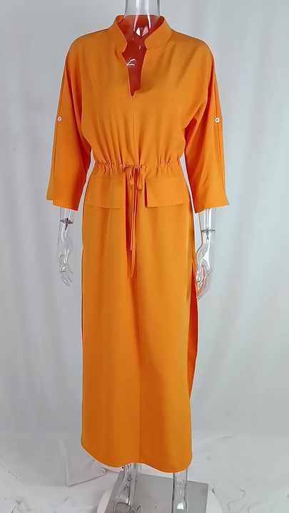 Stand Collar V Neck Long Sleeve Orange Plus Size Drawstring Dress for  Muslim Nigerian Dresses Women Elegant