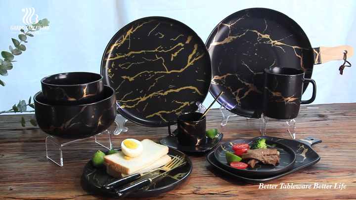 Factory Porcelain Ceramic Dinnerware Set Custom Black Marble Design with  Gold Vein Dinnerware Serving Tableware for Restaurant