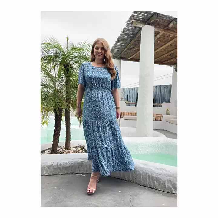 A333 Women's Plus Size Boho Floral Bohemian Short Sleeve High Waist a Line  Swing Summer Maxi Dress