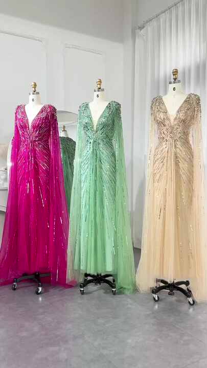 Luxury Dubai Sage Green Evening Dresses With Cape Fuchsia Crystal Gold  Elegant Women Wedding Formal Party Gown Sz399