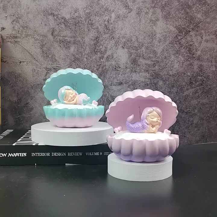 Cute Cartoon Mermaid Night Light - Battery-Powered Resin Shell for