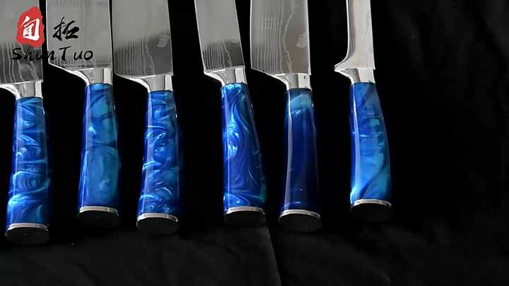 New kitchen knife Set Exquisite blue resin handle Damascus pattern Chef  knives