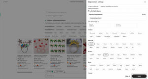 Accio interface showing the "Requirement settings" panel with filters for product attributes. The "Apply" button is highlighted at the bottom.