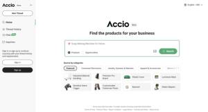 Screenshot of Accio dashboard showing search engine window to find products.