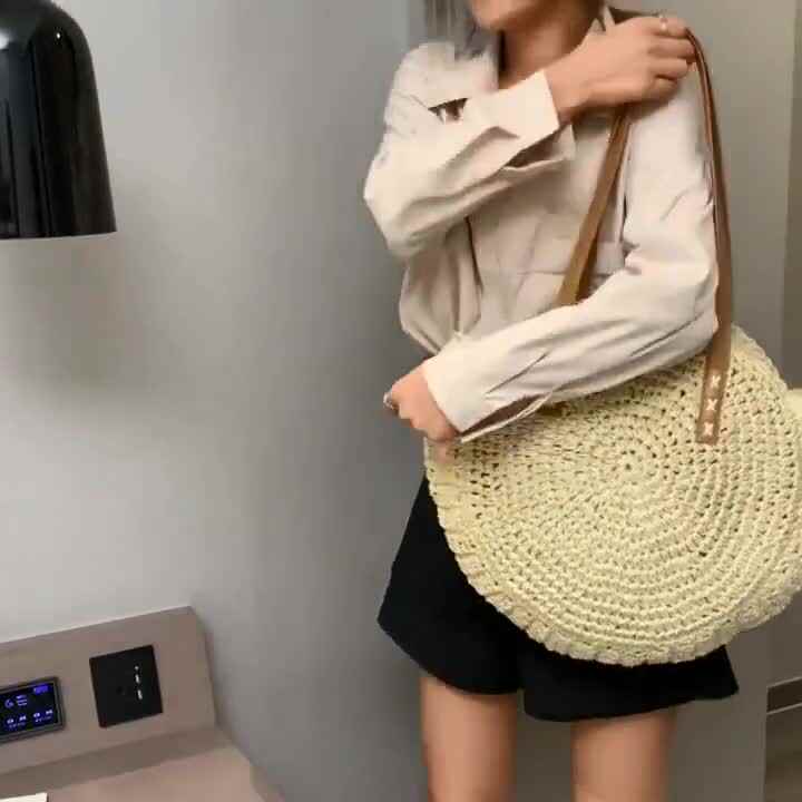 Sac en paille naturel Extra Large, tissé à la main, rond, pour la plage,  d'été Bali, en papier ajouré, vente en gros, 2020