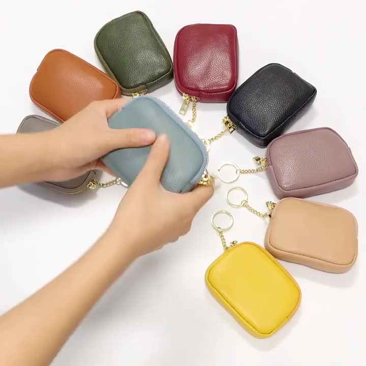 Women's Genuine Leather Coin Purse Mini Pouch Change Wallet with Keychain