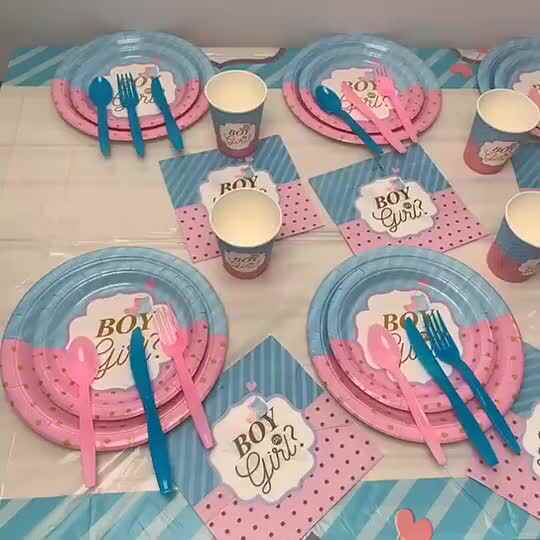 Deco-set babyshower, 62 stuks, blauw en roze feestservies, genderrevel party, servies, set babyshowergender, borden, kopjes, servetten, voor babyshower, feestbenodigdheden
