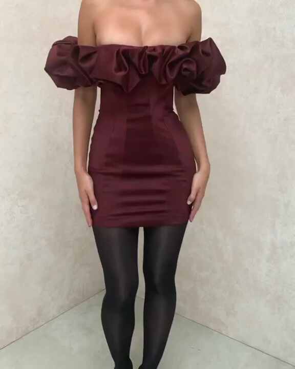 Satin Ruffle Off Shoulder Party Dresses Night Club Wear Slim Fit Bodycon Mini Dress cc215