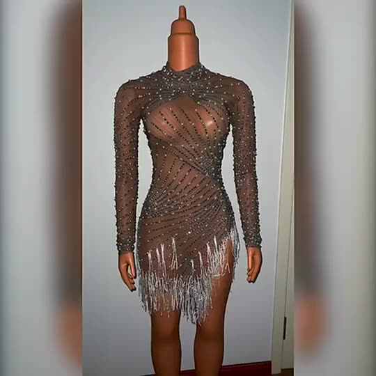 Crystal Fancy Fringe Celebrate Sparkly See Through Dress Night Sexy Party  Performance Wear Gown Dress Women Vestidos Mujer