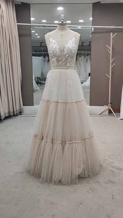 1333#Boho Deep Sexy V Neck Sleeveless Backless Bridal Beach Tulle Lace  Floor Length A-Line Champagne Wedding Dress Bridal Gown