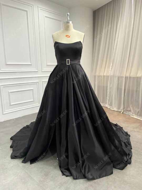 Strapless Black Satin Slit Rhinestones Belt Custom Wholesale Long Evening  Dress