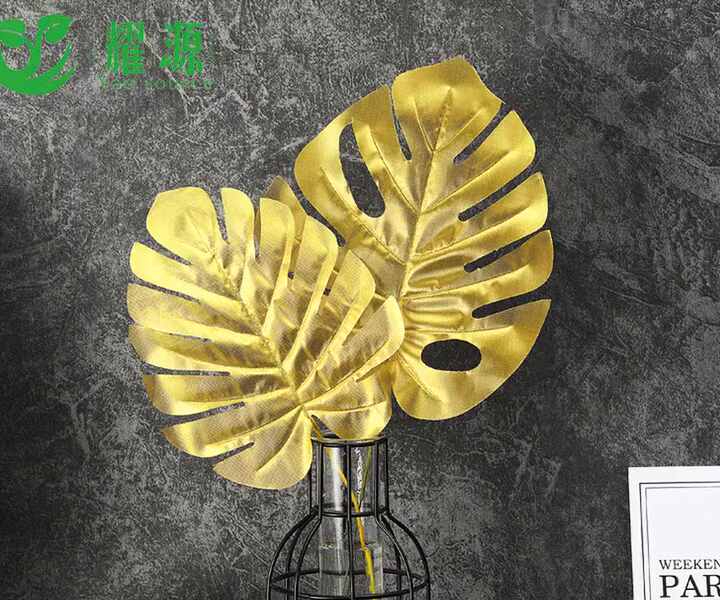 O235 Hot Sale Wedding Decor Golden Artificial Tropical Leaves Turtle Palm  Monster Leaf Gold Artificial Monstera Deliciosa Plant