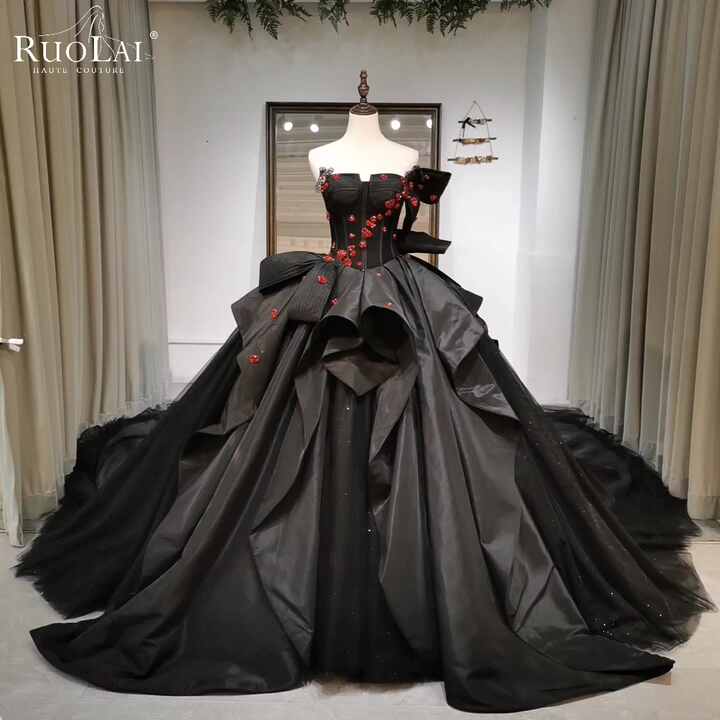 Ruolai ZW00135 Glamorous Strapless Sweetheart Ball Gown Wedding Gowns 3D  Flower Crystal Beading Wedding Dress Black Color