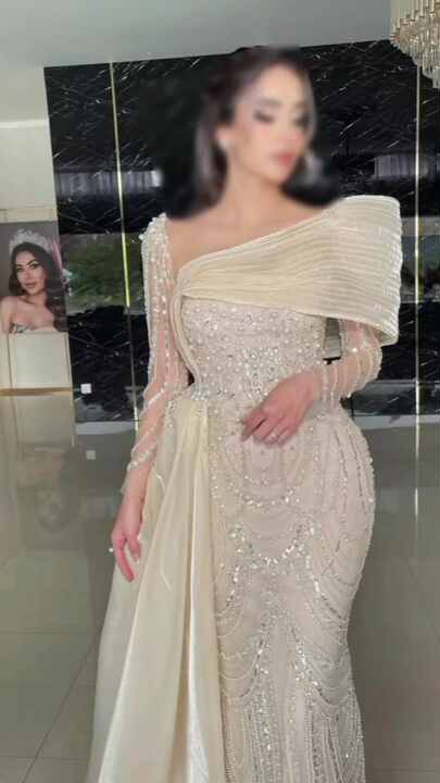 Luxury Nude Saudi Crystal Beaded Mermaid Evening Dress With Overskirt LA73474 main image 1