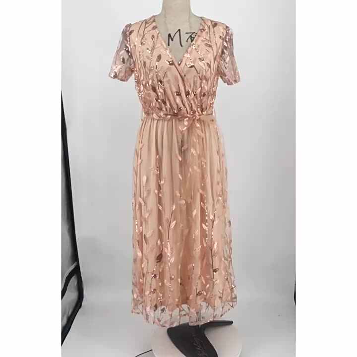 Women Short Sleeve V-neck Sequin Dresses Belt Lady Embroidered Bright Gauze Summer Clothes Midi Long Party Casual Dress Women Short Sleeve V-neck Sequin Dresses Belt Lady Embroidered Bright Gauze Summer Clothes Midi Long Party Casual Dress