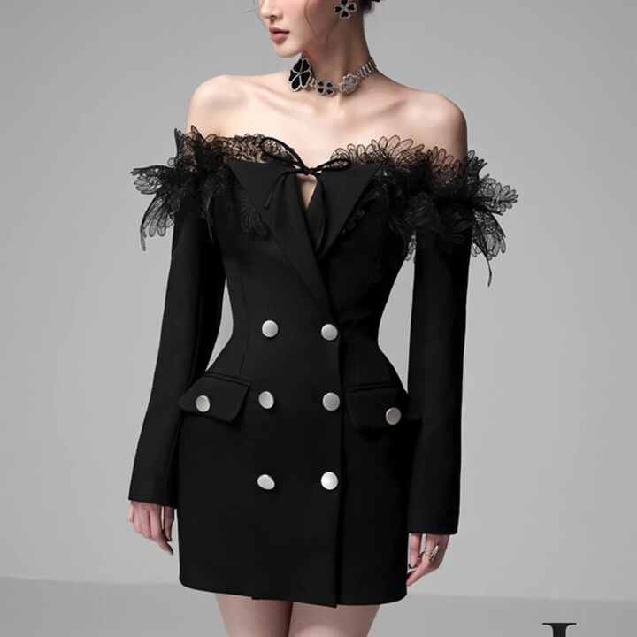 Ladies Blazer Dress Sexy Trim Shoulder Double Breasted Mini Evening Party Lace Simple Bodycon Woven S-L Button Solid Order Ladies Blazer Dress Sexy Trim Shoulder Double Breasted Mini Evening Party Lace Simple Bodycon Woven S-L Button Solid Order