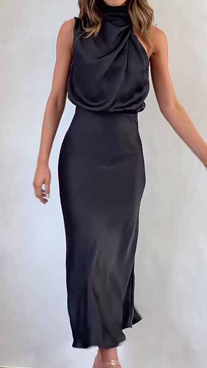 Formal Long Dress Elegant Women Swing Turtleneck Asymmetrical Sleeveless  Party Dress Luxury Satin High Waisted a Line Dress