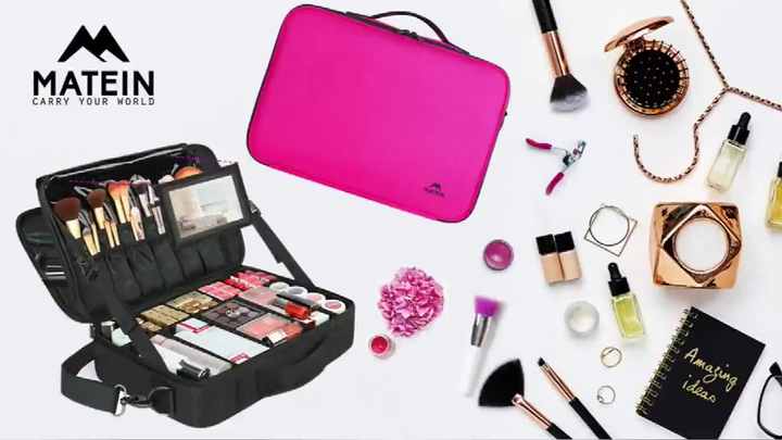 Large Professional Makeup Bag, Travel Cosmetic Train Case Makeup Brush  Organizer with Mirror, 3 Layers Makeup Artist Travel Organizer with  Adjustable