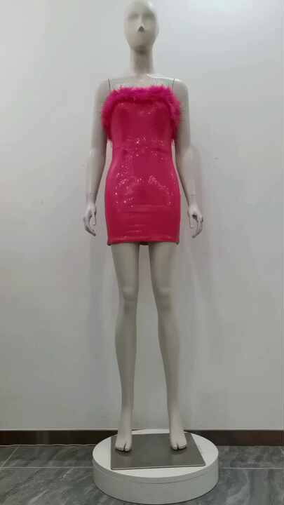 FD2545 Off Shoulder Bodycon Party Pink Mini Dress Sequin Dresses Women  Elegant Evening Dress With Feathers